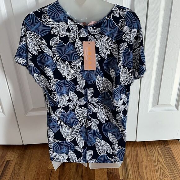 Amana Textured Navy Blue Palm Leaf Knot Shirt Top Blouse Small S NWT - Picture 3 of 6